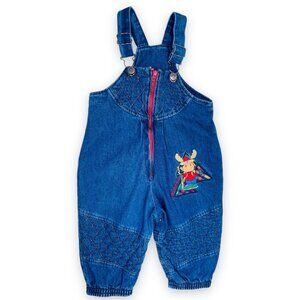 Vintage Christmas Winter Reindeer Moose Quilted Denim Overalls Romper Outfit 12m